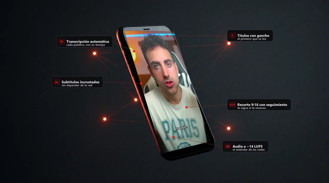 Un clip en pantalla con lo que lleva hecho: transcripción, subtítulos, título, recorte vertical y audio nivelado