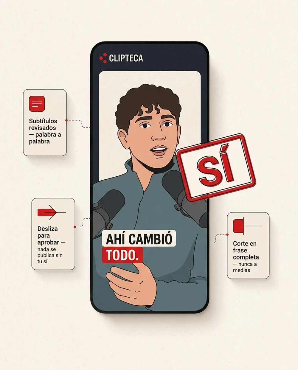 Móvil con un clip aprobado y el sello SÍ